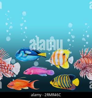 Aquarellzeichnung nahtlose Grenze von bunten Fischen: königsengel, Löwenfische, Antias, Schmetterlingsfische, Surgeonfische, friedman-Fisch und Luftblasen auf Blau Stockfoto