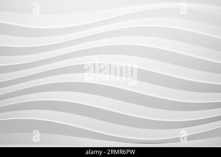 3D-Wiedergabe einer abstrakten und minimalistischen Komposition mit einem abstrakten Hintergrund an der weißen Wand, der mit einem faszinierenden Wellenmuster verziert ist und einen Sinn erweckt Stockfoto