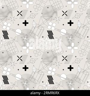 Retrofuturismusmuster, nahtloser Hintergrund mit abstrakten geometrischen Formen. Futuristischer Retro-Minimalismus, Vektordarstellung Stock Vektor