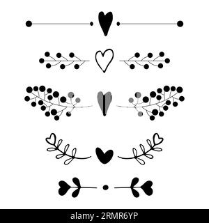 Set Borders Deviders romantische Ornamentbürsten im Doodle-Stil mit Herz, Blättern. Love Vintage dekorative Trennlinie, geometrische gekrümmte Rahmen isoliert auf weißem Hintergrund. Vektorillustration Stock Vektor