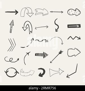 Setzen Sie Pfeilzeiger Tintenlinien, strukturierte Formen, handgezeichnete dekorative Elemente im Doodle-Stil isoliert. Symbole für Skizzenrichtung. Vektorillustration Stock Vektor