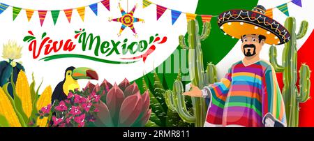 Viva Mexico Banner mit mexikanischem Cowboycharakter, Tukan, Kakteen und Blumen, Vektorcartoonhintergrund. Mexiko feiertagsfest Banner mit mexikanischen M Stock Vektor