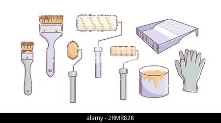 Ein Satz Pinsel und Walzen zum Lackieren. Küvette für Farben, Handschuhe, ein Emailglas. Reparatur, Bauen. Vektorillustration im Doodle-Stil. Für sti Stock Vektor