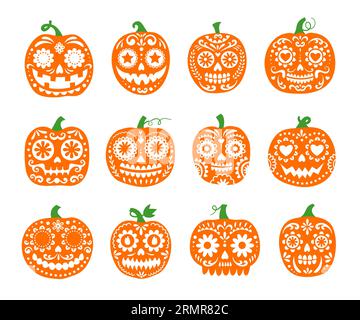 Halloween oder Day of the Dead Party mexikanische Kürbisse, Dia de Los Muertos Weihnachtsdekorationen. Vektor-Kürbiszuckerschalen mit Cartoon calavera und flo Stock Vektor