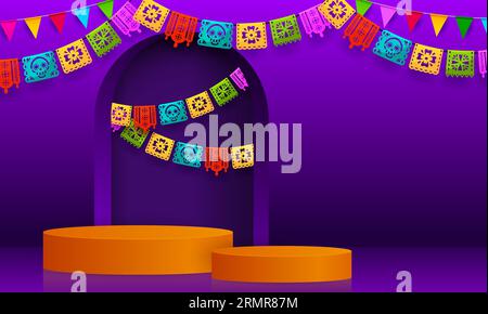 Mexikanisches Podium mit Papel-Picado-Flaggen. Vector 3D-Bühnen oder Anzeigeplattformen für Day of the Dead oder Dia de Los Muertos-Angebote. Mexiko Halloween Ho Stock Vektor