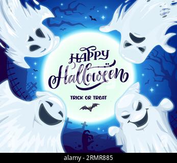 Comic lustige Halloween-Geister auf Weihnachtsbanner mit Friedhof-Silhouette, Vektor-Buh-Nacht. Happy Halloween and Trick or Treat Party Celebration Post Stock Vektor