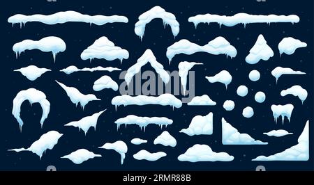 Cartoon weihnachten Schnee und Eiskappen mit Eiszapfen. Isolierte Vektorgruppe von Schneebälle und Schneetreiben. Winterliche verschneite Dekorationselemente. Lang und kurz IC Stock Vektor
