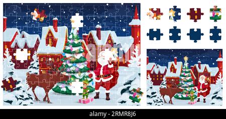 Puzzle-Spielsteine, Weihnachtslandschaft mit Weihnachtsmann, Rentier und Elfen am Weihnachtsbaum, Vektorschablone. Puzzleteile zu Weihnachten oder Neujahr und Stock Vektor