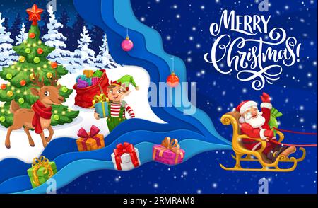 Cartoonpapier geschnitten fliegenden Weihnachtsmann auf Schlitten, Gnom und Kiefer Weihnachtsbaum mit Geschenken, Vektor-Hintergrund. Frohe Weihnachtsgrußkarte mit Weihnachtsmann, Rentier und Elfe am Weihnachtsbaum in Papierschichten Stock Vektor