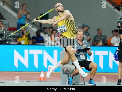 Budapest, Hongrie. 27. August 2023. Julian Weber (GER), Javelin Throw der Männer bei den Leichtathletik-Weltmeisterschaften 2023 am 27. August 2023 in Nemzeti Atletikai Kozpont in Budapest, Ungarn - Foto Laurent Lairys/DPPI Credit: DPPI Media/Alamy Live News Stockfoto