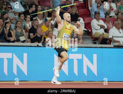 Budapest, Hongrie. 27. August 2023. Julian Weber (GER), Javelin Throw der Männer bei den Leichtathletik-Weltmeisterschaften 2023 am 27. August 2023 in Nemzeti Atletikai Kozpont in Budapest, Ungarn - Foto Laurent Lairys/DPPI Credit: DPPI Media/Alamy Live News Stockfoto