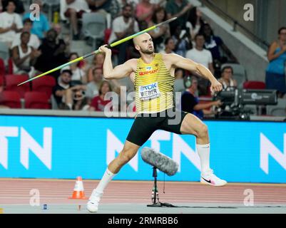 Budapest, Hongrie. 27. August 2023. Julian Weber (GER), Javelin Throw der Männer bei den Leichtathletik-Weltmeisterschaften 2023 am 27. August 2023 in Nemzeti Atletikai Kozpont in Budapest, Ungarn - Foto Laurent Lairys/DPPI Credit: DPPI Media/Alamy Live News Stockfoto