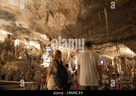 Manacor, Spanien. 28. August 2023. Besucher der Drachenhöhlen in Porto Cristo, einem der meistbesuchten Orte auf Mallorca. Mit einer maximalen Höhe von 25 Metern unter der Oberfläche ist der Weg etwa 1,2 Kilometer lang und hat eine große Anzahl von Stalaktiten und Stalagmiten. Die Höhlen verstecken sich in einem großen unterirdischen See, dem Lake Martel, der als einer der größten unterirdischen Seen der Welt gilt. Quelle: Clara Margais/dpa/Alamy Live News Stockfoto