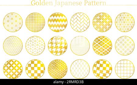 Japanisches Material, 18 japanische Muster in Gold (mit japanischen Texturen), Vektor-Illustration Stock Vektor