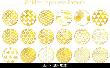 Japanisches Material, 18 japanische Muster in Gold (mit japanischen Texturen), Vektor-Illustration Stock Vektor