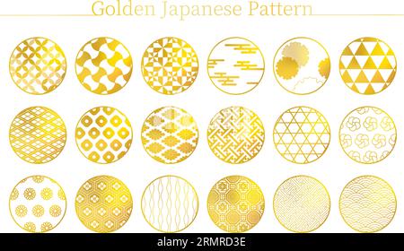 Japanisches Material, 18 japanische Muster in Gold, Vektor-Illustration Stock Vektor