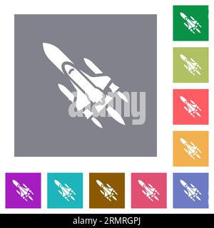 Space Shuttle mit Abschussrampen flache Symbole auf einfache Farbe Quadrat Hintergründe Stock Vektor