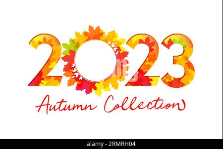 2023 Herbstkollektion Shopping-Banner. Kreative Einladungskarte mit herbstgelben, roten und orangefarbenen Blättern. Nummer 2 0 2 3 mit Schnittmaske. Stock Vektor