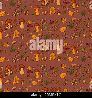 Nahtloses Muster für den Herbst. Waldpilze, Beeren, Trauben eberesche, Eicheln und Kastanien mit Herbstblättern auf braunem Hintergrund. Vektorillustration Stock Vektor