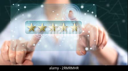 Frau, die ein Konzept für eine Kundenbewertung auf einem Touchscreen berührt Mit den Fingern Stockfoto