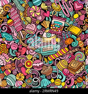 Das nahtlose Muster des Cartoon-Doodles zeigt eine Vielzahl von Candies-Objekten und -Symbolen. Skurriler verspielter Candy Shop farbenprächtiger Hintergrund für den Druck auf dem Bildschirm Stock Vektor