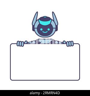 Roboter, der ein leeres Plakatbanner hält oder Informationen anzeigt Stock Vektor