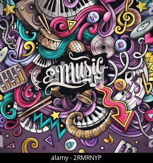 Musik-Vektor-Kritzelillustration. Musikalisches Rahmendesign. Sound-Elemente und Objekte Cartoon-Hintergrund. Leuchtende Farben lustiges Bild. Alle Elemente sind vom september Stock Vektor