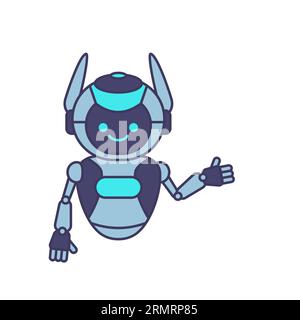 Vektorillustration für Roboter, der Gesten präsentiert oder begrüßt. Roboter-Maskottchen-Zeichen-Illustration Stock Vektor