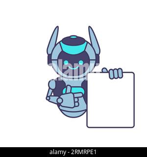 Roboter, der ein leeres Plakatbanner hält oder Informationen anzeigt Stock Vektor