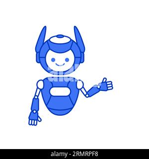 Vektorillustration für Roboter, der Gesten präsentiert oder begrüßt. Roboter-Maskottchen-Zeichen-Illustration Stock Vektor