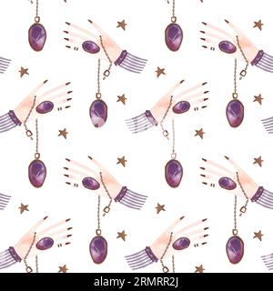 Magisches nahtloses Muster. Frauenhand mit einem Kristall an einer Kette und goldenen Sternen. Ritual zur Vorhersage der Zukunft. Lithomancy. Mystische Wahrsagung. Whit Stockfoto