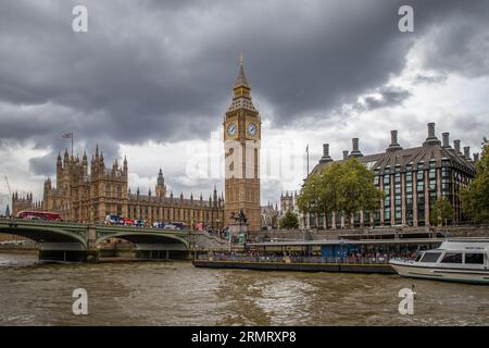 Blick auf den Palast von Westminster und den Elizabeth Tower (Big Ben) vom Fluss aus mit dunklen, bedrohlichen Wolken darüber Stockfoto