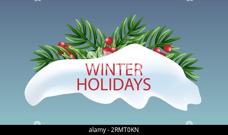 Feiertagsgrußkarte für den Winter frohe Feiertage. Tannenzweige Rahmen mit Schnee. Vektor-Grußkarte, Poster, Einladung Stock Vektor