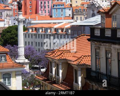 Blick aus der Vogelperspektive auf historische Häuser mit roten Dächern. Detaillierte Ansichten der Häuser in Lissabon Portugal Stockfoto
