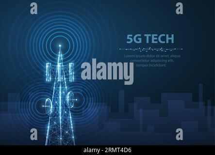 Abstrakter Antennenmast auf blauem Stadtbild-Hintergrund. 5G-Technologie, Telekommunikationsindustrie, Telekommunikationsnetz, Rundfunk, Mobiltelefone, 5G c Stock Vektor