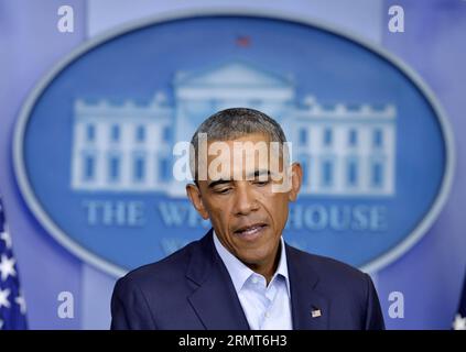 US-Präsident Barack Obama spricht vor dem Pressesaal des Weißen Hauses in Washington D.C., USA, 18. August 2014. Obama versprach am Montag, eine langfristige Strategie zu verfolgen, um die Flut gegen den Islamischen Staat Irak und die Levante (ISIL) zu wenden, als irakische und kurdische Truppen den Mossul-Damm unter US-amerikanischer Luftabschirmung von der Gruppe zurückeroberten. ) US-WASHINGTON-BARACK OBAMA-ISIL-STRATEGIE YinxBogu PUBLICATIONxNOTxINxCHN US-Präsident Barack Obama spricht AM Montag VOR dem Pressebriefraum des Weißen Hauses in Washington D C die Vereinigten Staaten 18. August 2014 Obama, um eine langfristige Strategie zu VERFOLGEN Stockfoto