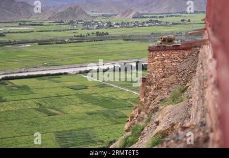 (140819) -- GYANGZE, 19. August 2014 -- dieses Foto, das am 14. August 2014 aufgenommen wurde, zeigt eine Kanonenfestung der Burg Zongshan im Gyangze County in Shigaze, im Südwesten Chinas autonomer Region Tibet. Gyangze's Zongshan Castle, eine Bergfestung, war während der britischen Invasion Tibets zwischen Dezember 1903 und September 1904 eines der wichtigsten Schlachtfelder. Etwa 5.000 Soldaten, die in der Burg stationiert waren, kämpften drei Tage lang gegen die britischen Truppen, konnten aber dem Angriff nicht standhalten, der am 6. Juli 1906 begann. Da sie nicht bereit waren, sich zu ergeben, entschieden sich die verbliebenen Soldaten, von der Zongshan-absichtserklärung abzuspringen Stockfoto