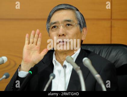 Der Gouverneur der Bank von Japan (BOJ) Haruhiko Kuroda nimmt am 4. September 2014 an einer Pressekonferenz im Hauptsitz der Bank in Tokio (Japan) Teil. ) JAPAN-TOKIO-BOJ-GOUVERNEUR Stringer PUBLICATIONxNOTxINxCHN Bank of Japan BOJ-Gouverneur Haruhiko Kuroda nimmt an einer Pressekonferenz IM BOJ-Hauptsitz in Tokio Teil Japan 4. September 2014 Japan Tokio BOJ-Gouverneur Stringer PUBLICATIONxNOTxINxCHN Stockfoto