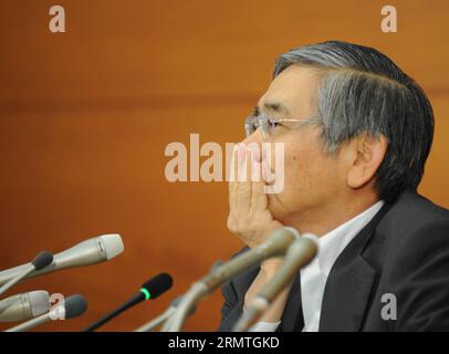 Der Gouverneur der Bank von Japan (BOJ) Haruhiko Kuroda nimmt am 4. September 2014 an einer Pressekonferenz im Hauptsitz der Bank in Tokio (Japan) Teil. ) JAPAN-TOKIO-BOJ-GOUVERNEUR Stringer PUBLICATIONxNOTxINxCHN Bank of Japan BOJ-Gouverneur Haruhiko Kuroda nimmt an einer Pressekonferenz IM BOJ-Hauptsitz in Tokio Teil Japan 4. September 2014 Japan Tokio BOJ-Gouverneur Stringer PUBLICATIONxNOTxINxCHN Stockfoto