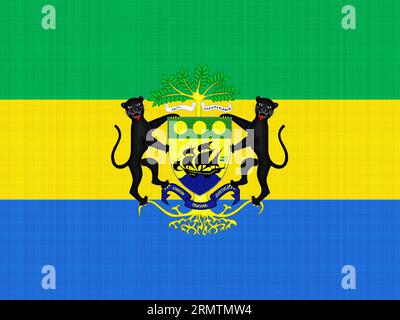 Flagge und Wappen der Gabunischen Republik auf texturiertem Hintergrund. Concept Collage. Stockfoto