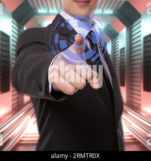 Geschäftsmann drückt die Taste der Benutzeroberfläche. Innovationstechnologie. Stockfoto