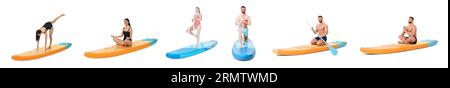 Collage mit Fotos von jungen Männern und Frauen, die Yoga auf sup-Boards auf weißem Hintergrund üben Stockfoto