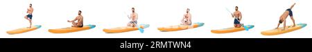 Collage mit Fotos des jungen Mannes, der Yoga auf dem sup Board macht, isoliert auf weiß Stockfoto