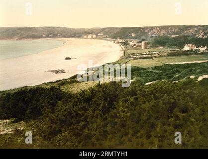 St. Brelades Bay, Jersey, Kanalinsel im Ärmelkanal in der Bucht von Saint-Malo, Kronbesitz der britschen Krone, 1896, Historisch, digital restaurierte Reproduktion eines Photochromdrucks aus dem 19. Jahrhundert / St. Brelades Bay, Jersey, Channel Island in the English Channel in the Bay of Saint-Malo, Crown Estate of the British Crown, 1896, historische, digital restaurierte Reproduktion eines Fotochromdrucks aus dem 19. Jahrhundert. Stockfoto