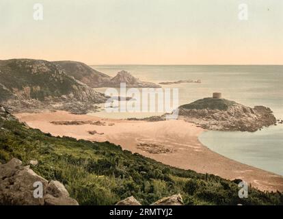 Portelet Bay, Jersey, Kanalinsel im Ärmelkanal in der Bucht von Saint-Malo, Kronbesitz der britschen Krone, 1896, Historisch, digital restaurierte Reproduktion eines Photochromdrucks aus dem 19. Jahrhundert / Portelet Bay, Jersey, Channel Island im Ärmelkanal in der Bucht von Saint-Malo, Crown Estate of the British Crown, 1896, historische, digital restaurierte Reproduktion eines Fotochromdrucks aus dem 19. Jahrhundert. Stockfoto