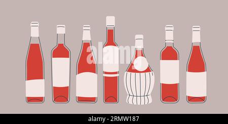 Set aus Flaschen mit Rotwein in verschiedenen Formen und Größen. Klassische Glasweinflaschen. Isolierte Abbildungen für Weindesign, Menüs, Aufkleber Stock Vektor