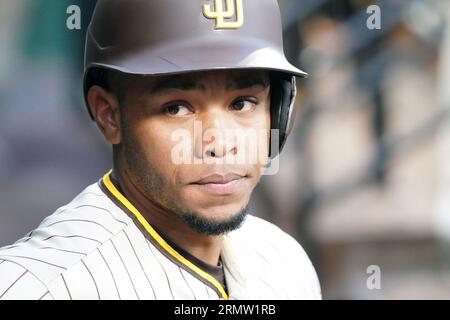 St. Louis, Usa. 29. August 2023. San Diego Padres Jose Azocar schaut auf die Massen, während er darauf wartet, gegen die St. Louis Cardinals im vierten Inning im Busch Stadium in St. Louis am Dienstag, den 29. August 2023. Foto von Bill Greenblatt/UPI Credit: UPI/Alamy Live News Stockfoto