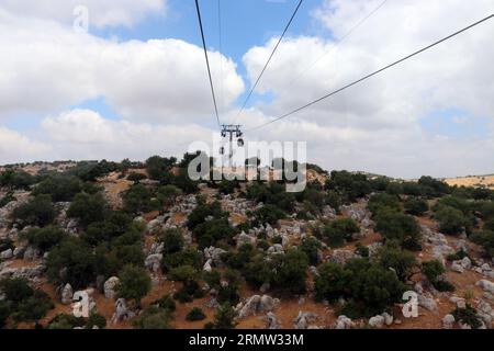 Eine Reise durch die grünen Wälder von Ajloun in Jordanien, von innen mit der Ajloun Seilbahn (Ajloun Teleferik) Stockfoto