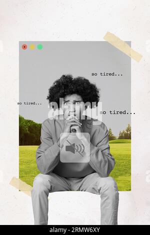 Foto Collage gestresst besorgt müde von der Arbeit Mann sitzen im Freien denken Sie sich einen Sommerurlaub Entspannen Resort draußen Stockfoto