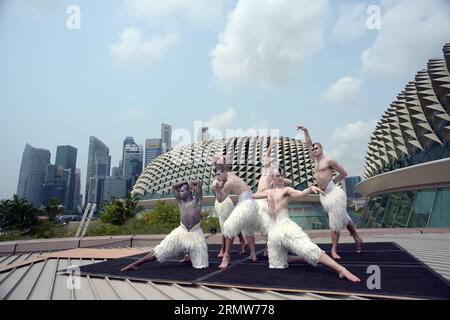 (141009) -- SINGAPUR, 9. Oktober 2014 -- Tänzer posieren für ein Foto an der Singapore's Esplanade am 9. Oktober 2014. Der britische Choreograf Matthew Bourne s Swan Lake eröffnete am Donnerstag auf dem da:ns Festival in Singapurs Esplanade. SINGAPORE-SWAN LAKE-FESTIVEL ThenxChihxWey PUBLICATIONxNOTxINxCHN Singapore OCT 9 2014 Tänzer posieren für ein Foto auf DER Singapore S Esplanade AM OCT 9 2014 der britische Choreograf Matthew Bourne S Swan Lake eröffnete AM Donnerstag AUF dem There NS Festival in Singapore S Esplanade Stockfoto